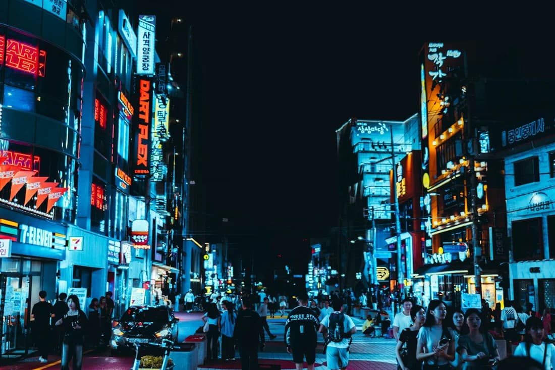 People walking along Hongdae Street in Seoul