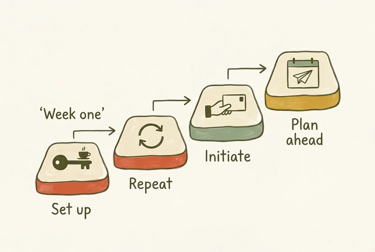 Hand-drawn four-step diagram of a month in Seoul from setup to future plans