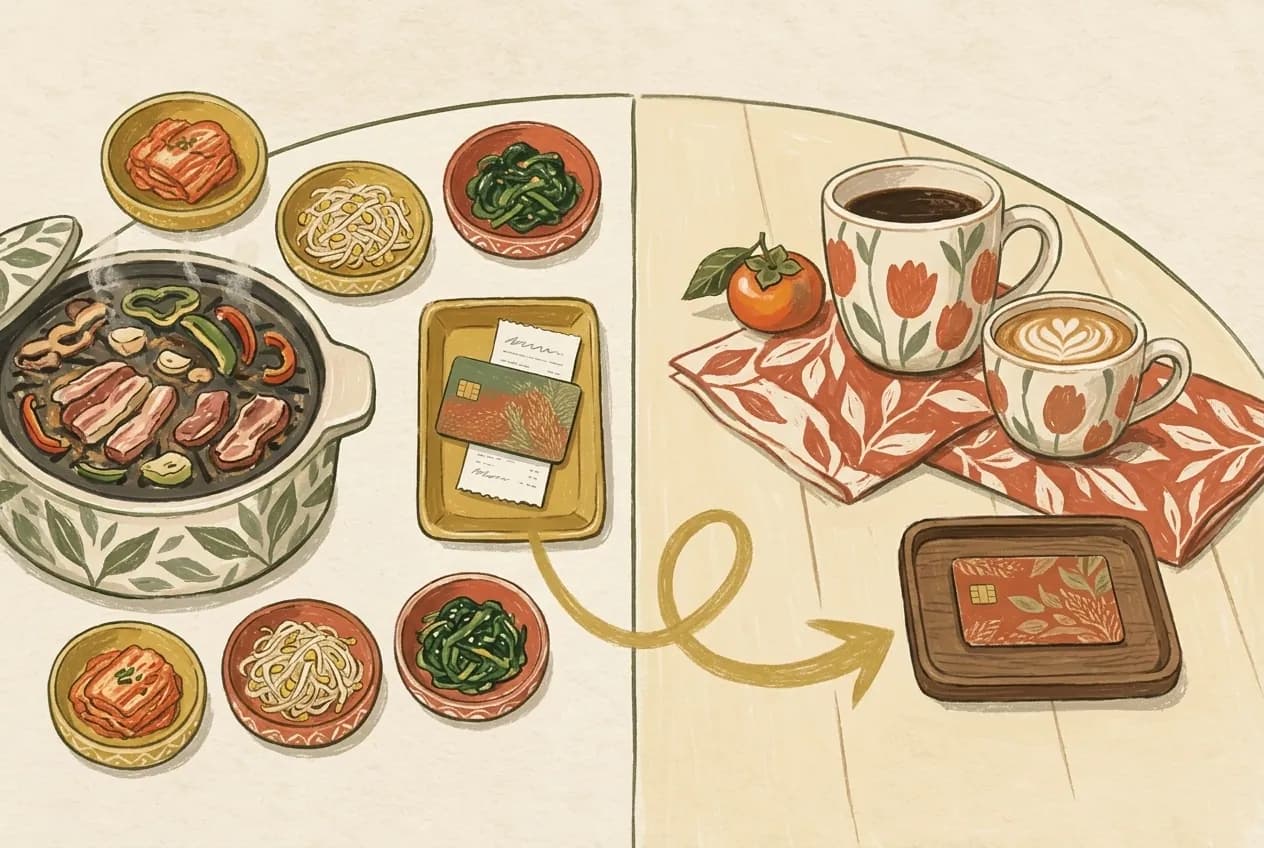 Illustrated shared Korean meal on one side and two coffee cups on the other