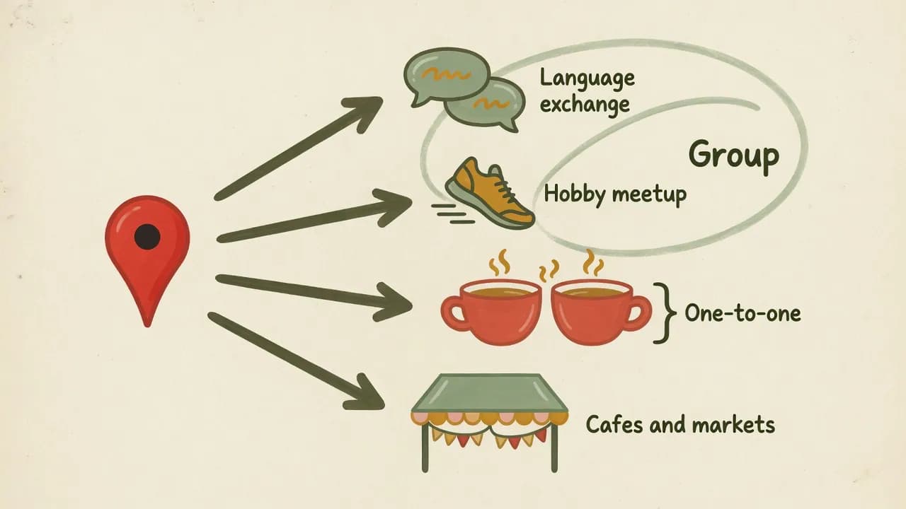 Hand-drawn diagram sorting four ways to meet Seoul locals into group and one-to-one formats