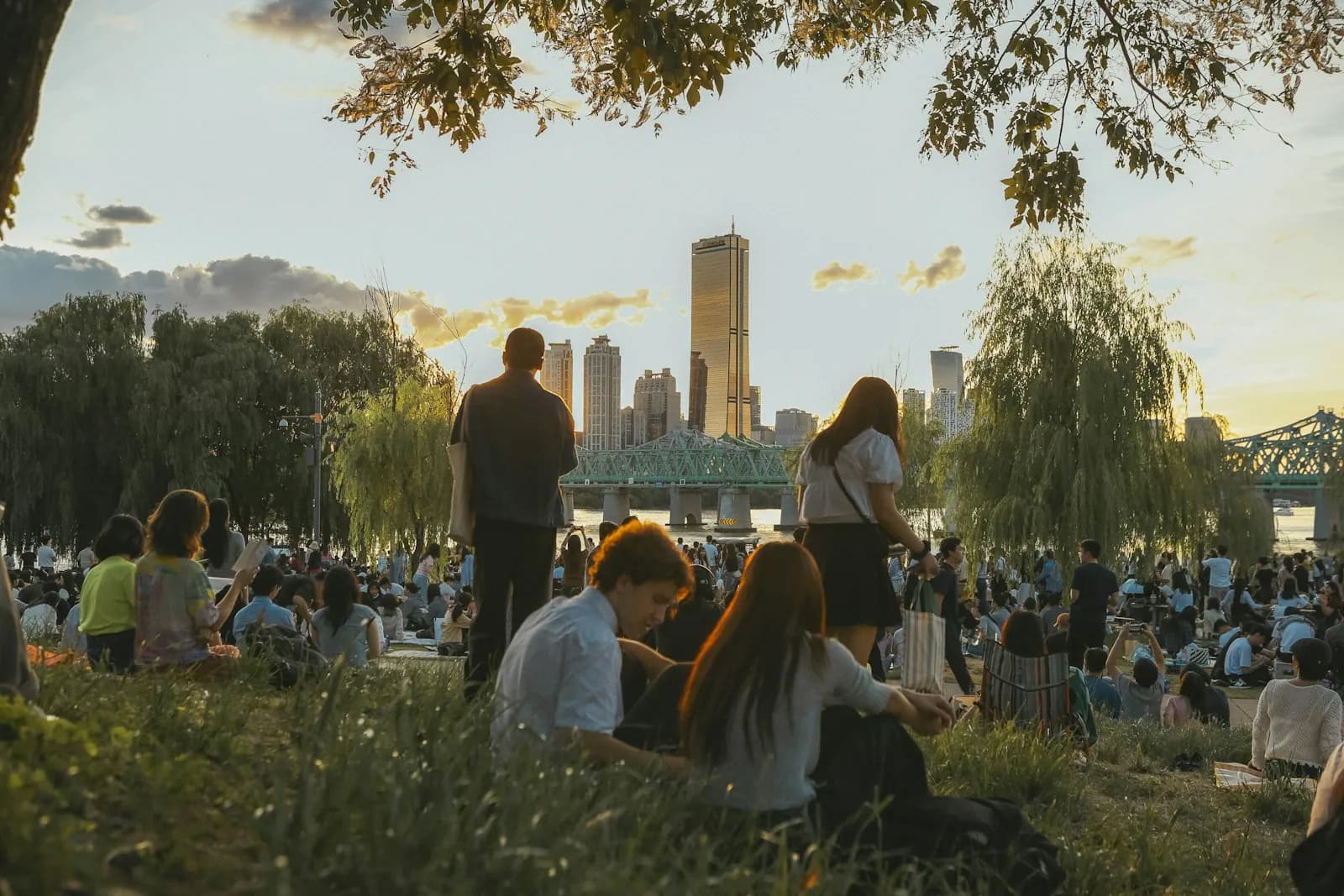 People sitting on the grass of a Han River park at sunset with the Seoul skyline behind