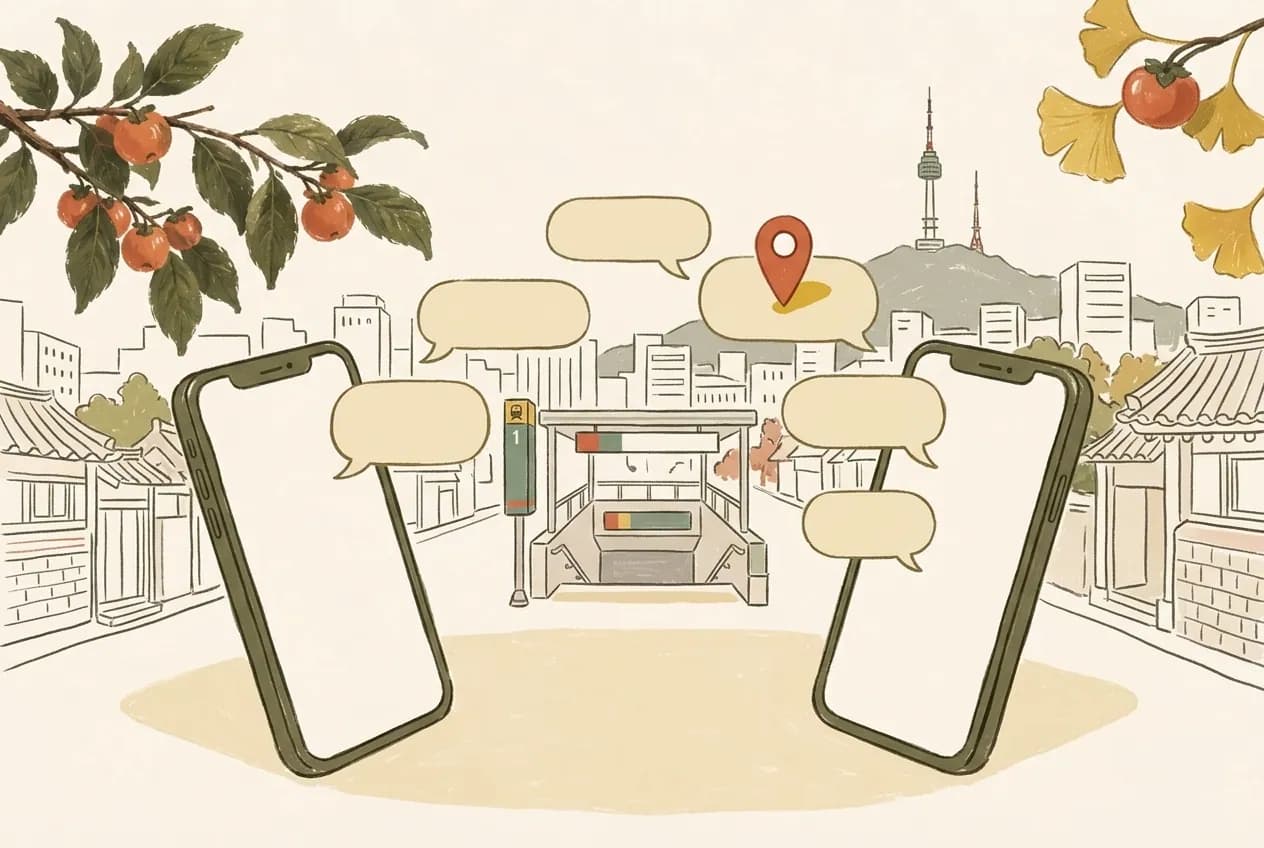 Illustration of two smartphones exchanging blank chat bubbles and a map pin above a city street