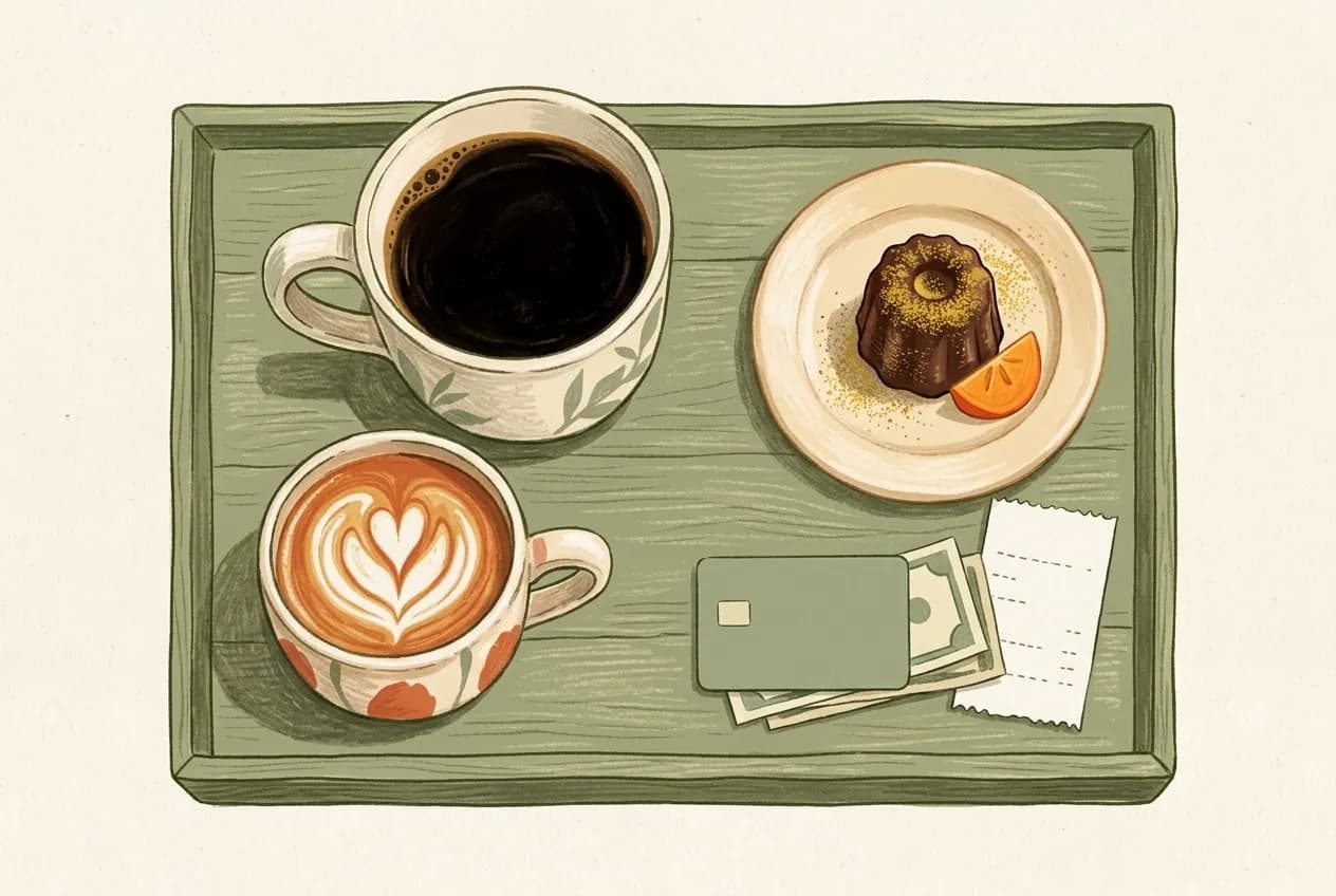 Illustration of a payment card, folded banknotes and a receipt beside two coffee cups on a cafe tray
