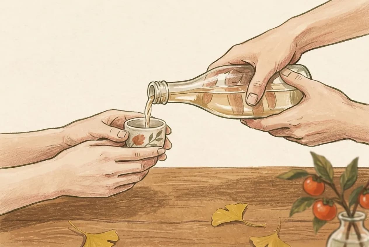 無地の瓶を両手で支える手と、小さな杯を持つもう一組の手のイラスト