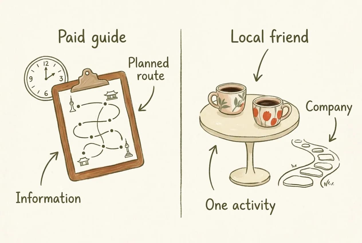 Hand-drawn diagram comparing a paid guide with a local friend across plan, length and outcome