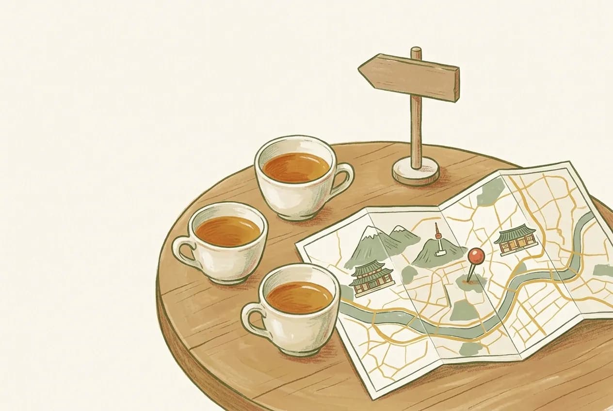 Illustration of two tea cups and a city map on a table with a small signpost
