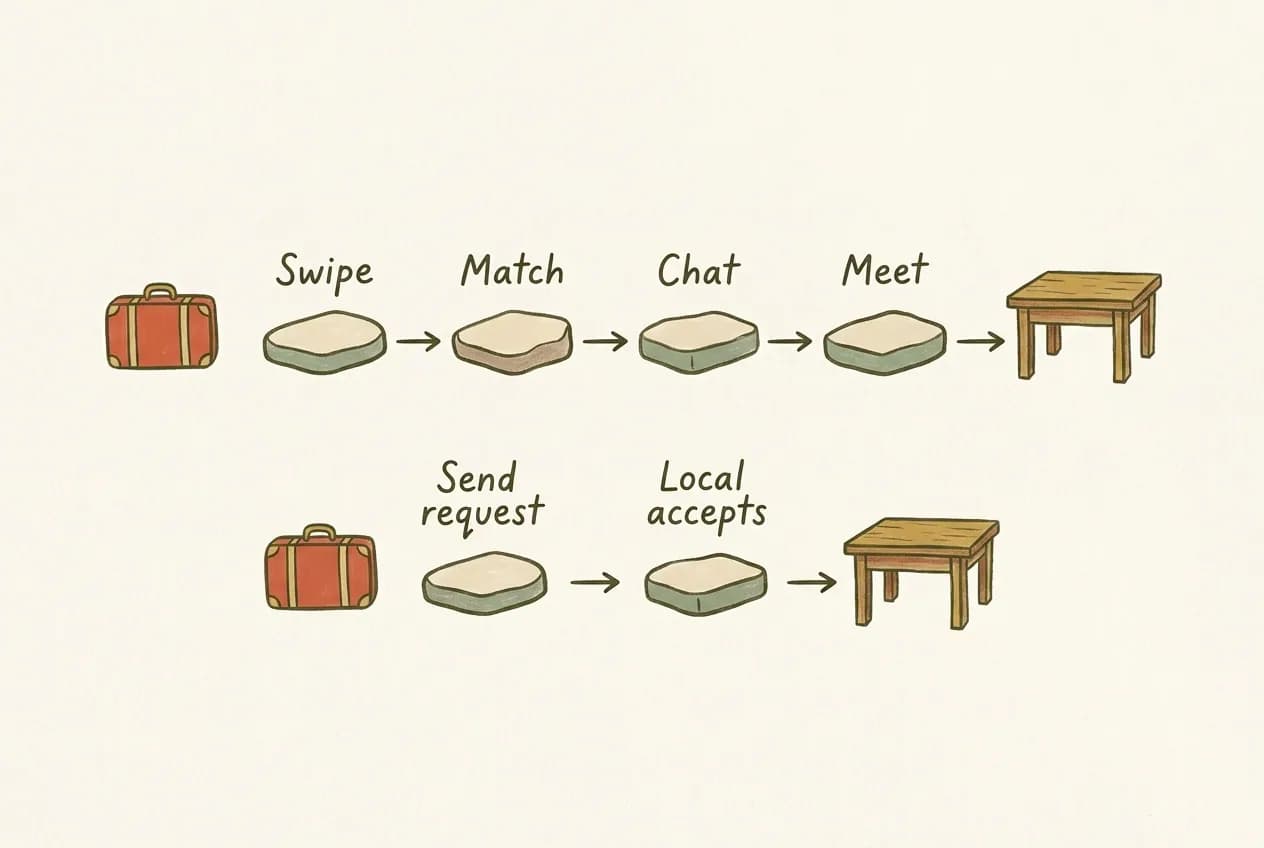 Hand-drawn diagram comparing a long swipe and chat path with a short request path