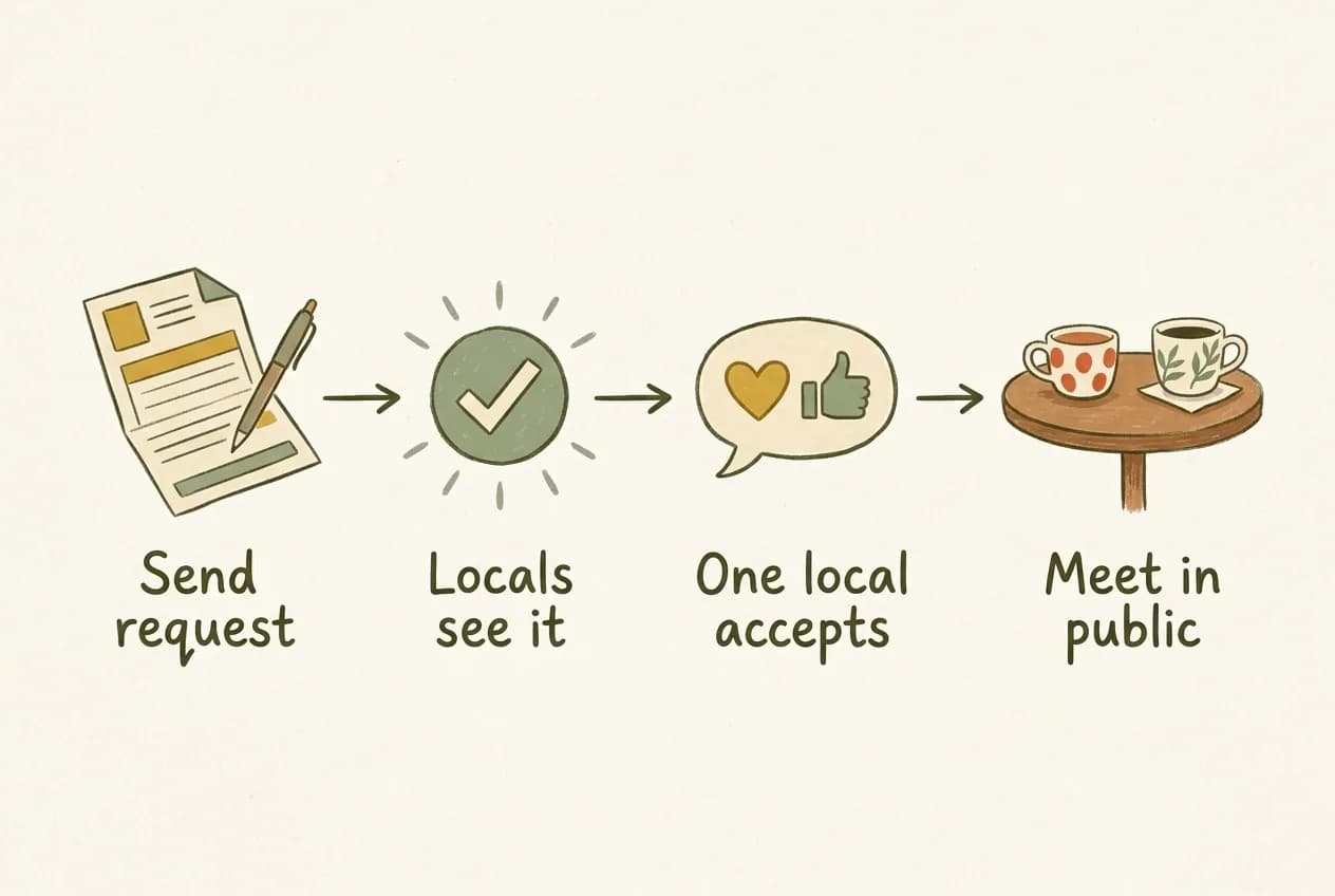 Hand-drawn flow diagram showing a trip request moving from traveler to verified local to meeting