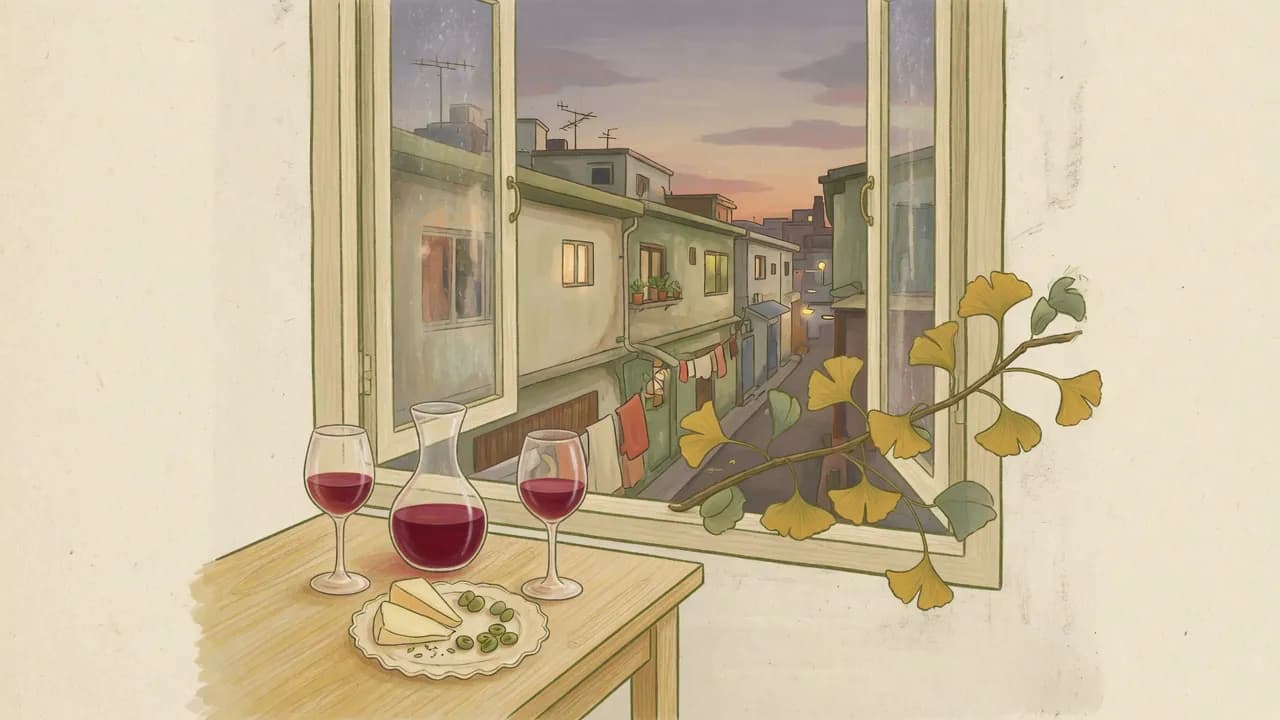 Two wine glasses and a small plate on a bar table beside an alley window