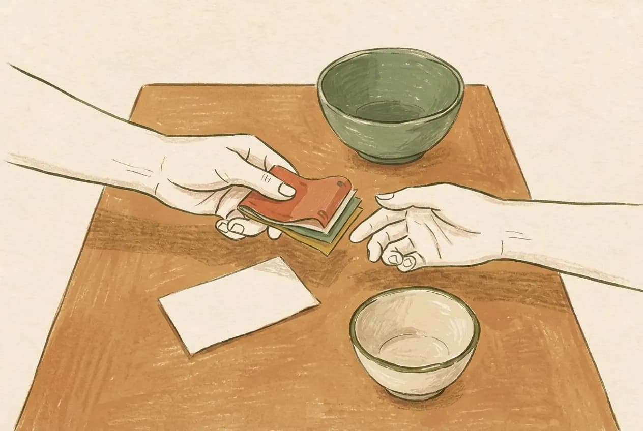 Illustration of one hand passing folded banknotes to another hand across a table with a receipt