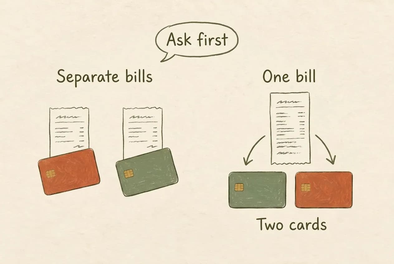 Hand-drawn diagram comparing separate bills per person with one bill paid across several cards