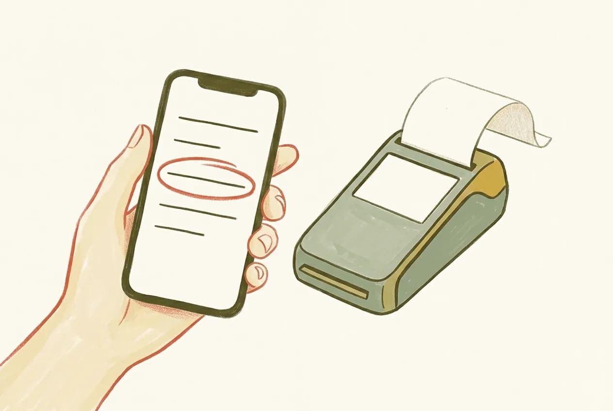 卓上の決済端末の横で、空白の料金明細が表示されたスマートフォンを持つ手のイラスト