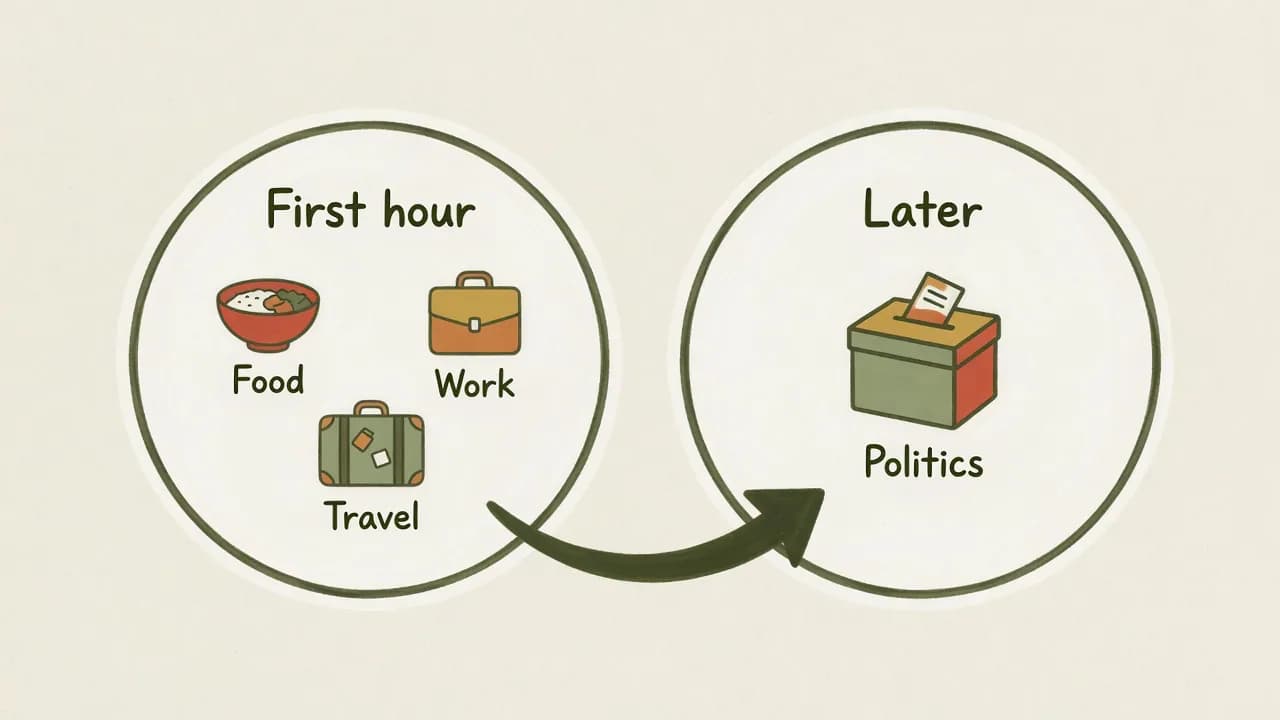 会話の話題を、最初の1時間向けとその後向けに分けた手描きの図