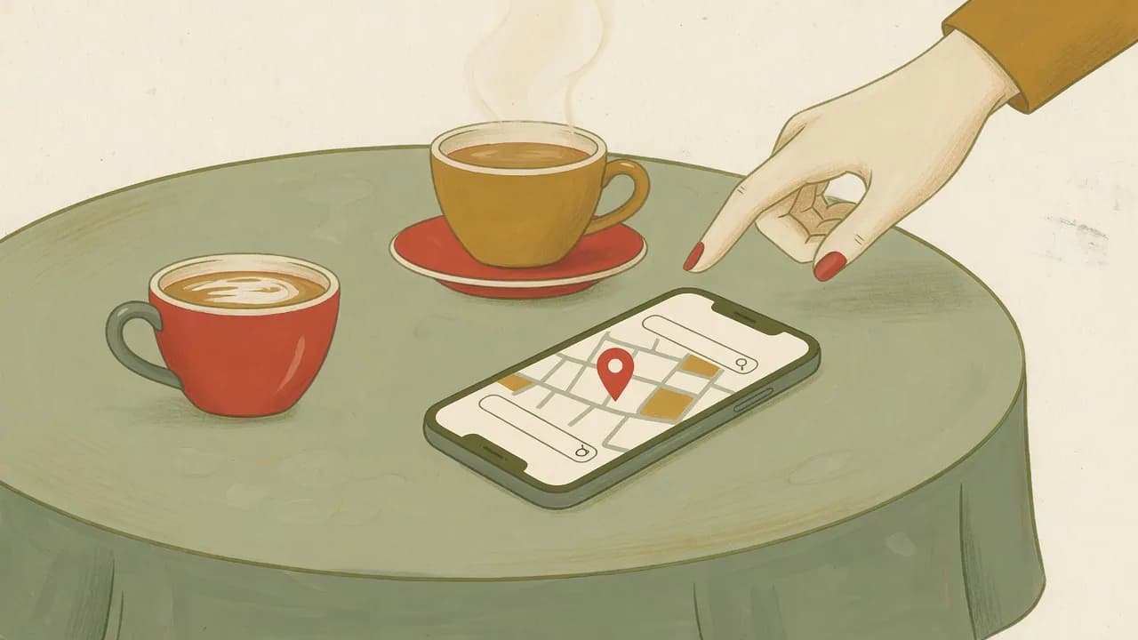 画面に地図のピンが表示されたスマートフォンに、場所の名前を入力する手のイラスト
