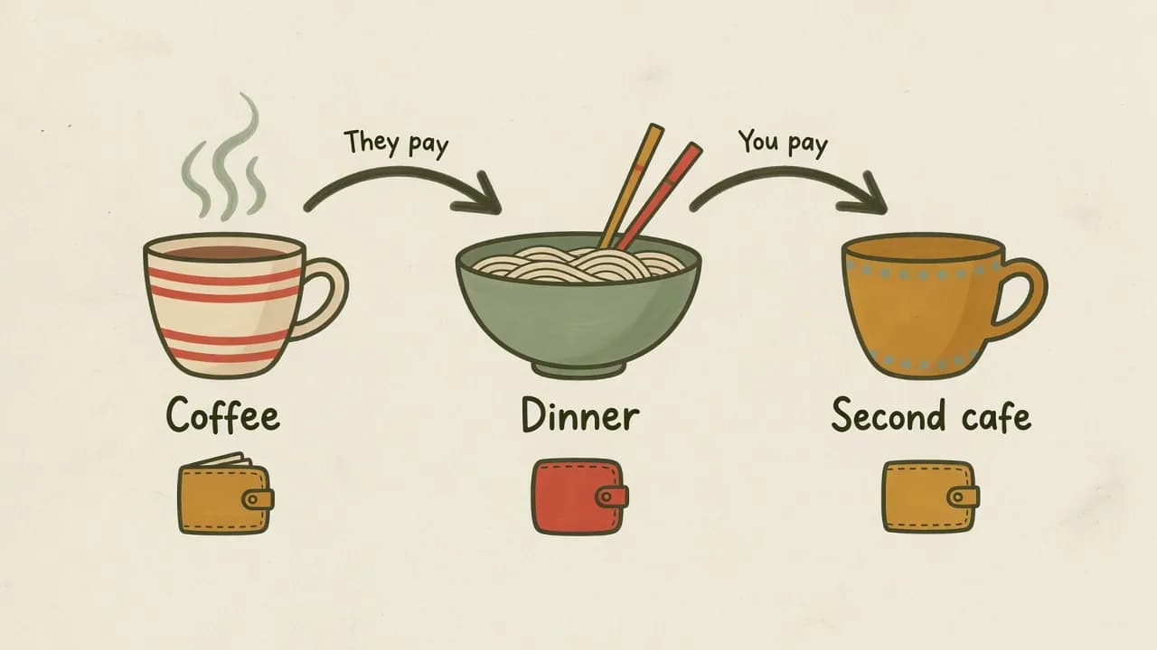 Hand-drawn diagram of three stops in an evening with payment alternating between two people