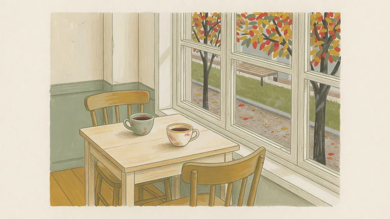 Illustration of a small wooden cafe table with two coffee cups beside a window onto a park