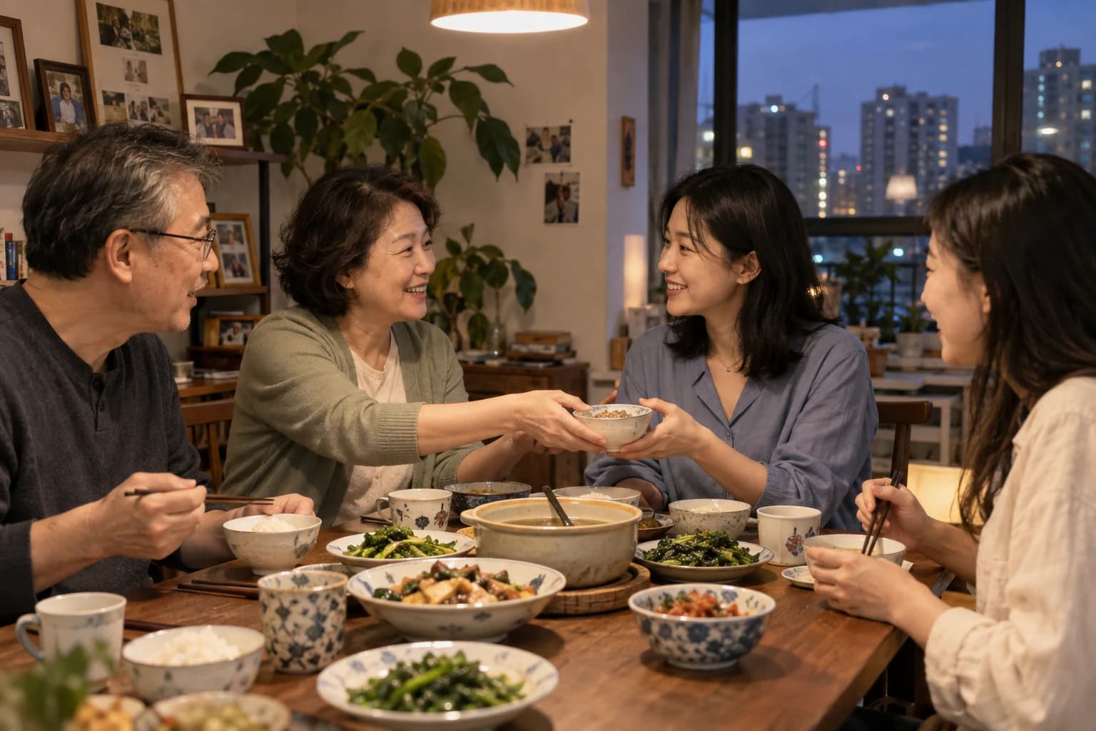 AI illustration of a Korean traveler welcomed to dinner with a local family in China
