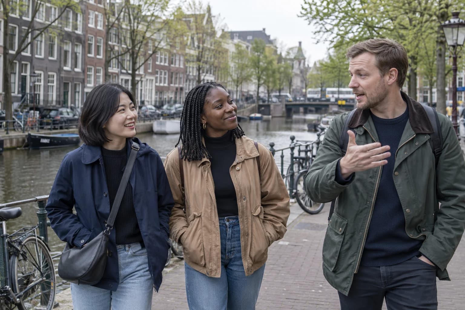 AI illustration of Korean, French and Dutch friends on an Amsterdam canal walk