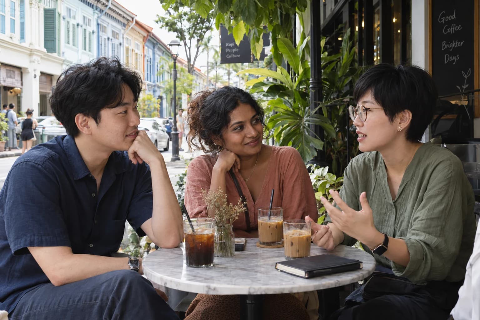 AI illustration of a Korean traveler sharing coffee with Singaporean friends at an outdoor café