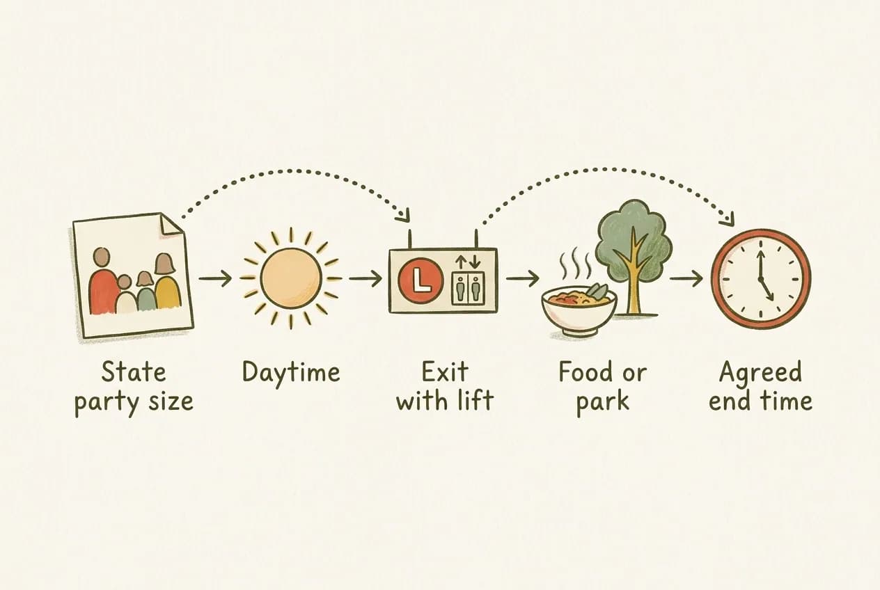 Hand-drawn diagram of a short daytime family meetup from request to goodbye