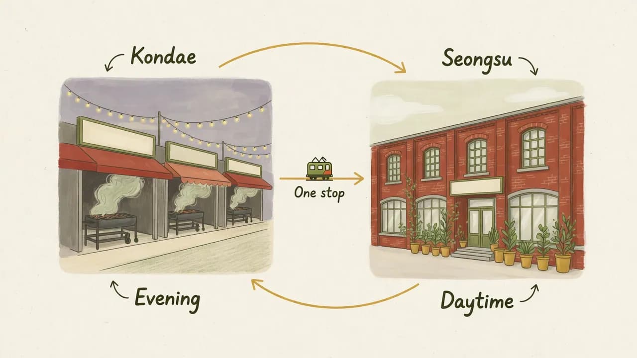 Hand-drawn diagram comparing two neighboring Seoul districts, a student area and a design area, one subway stop apart