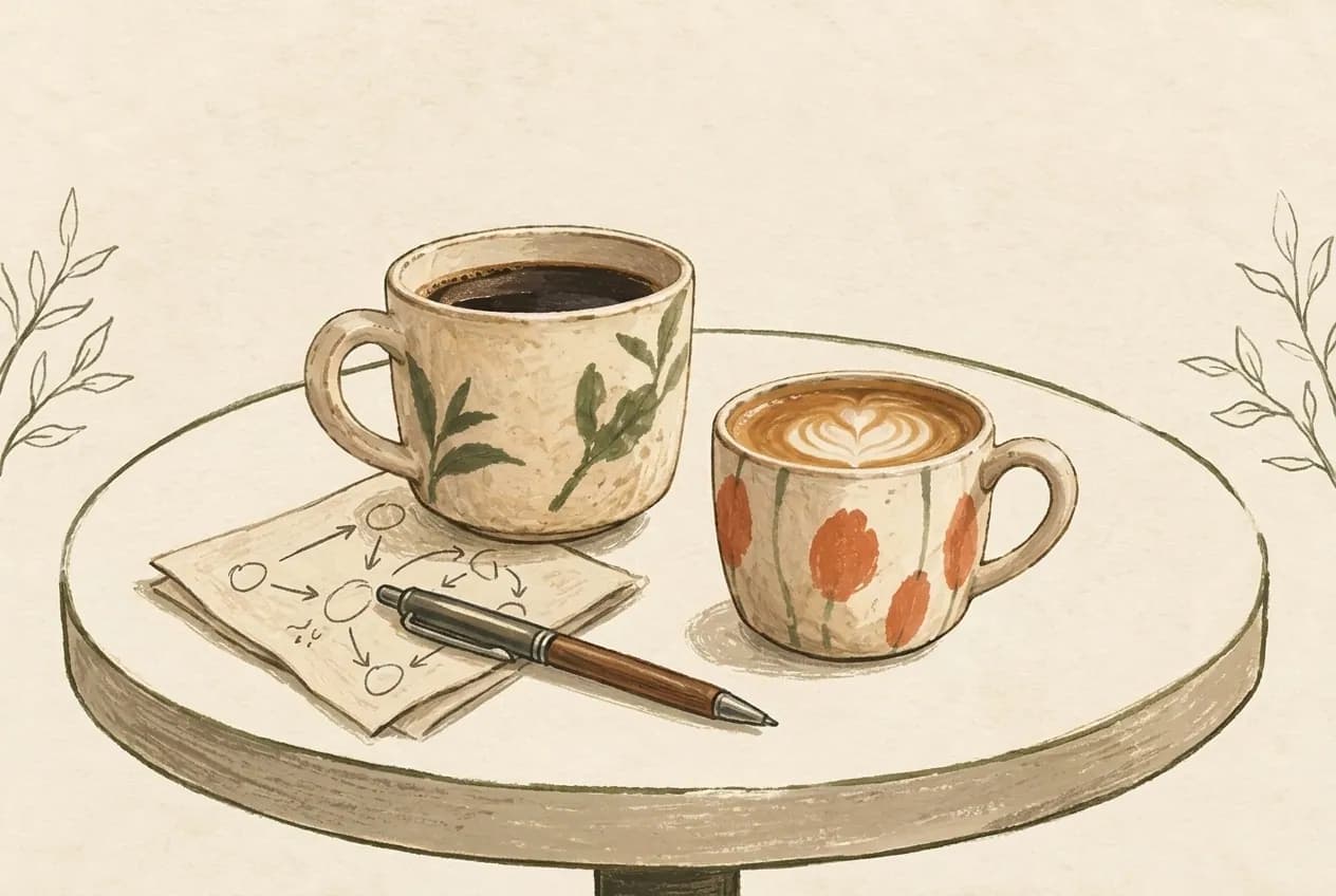 Illustration of two coffee cups on a cafe table with a napkin covered in scribbled arrows