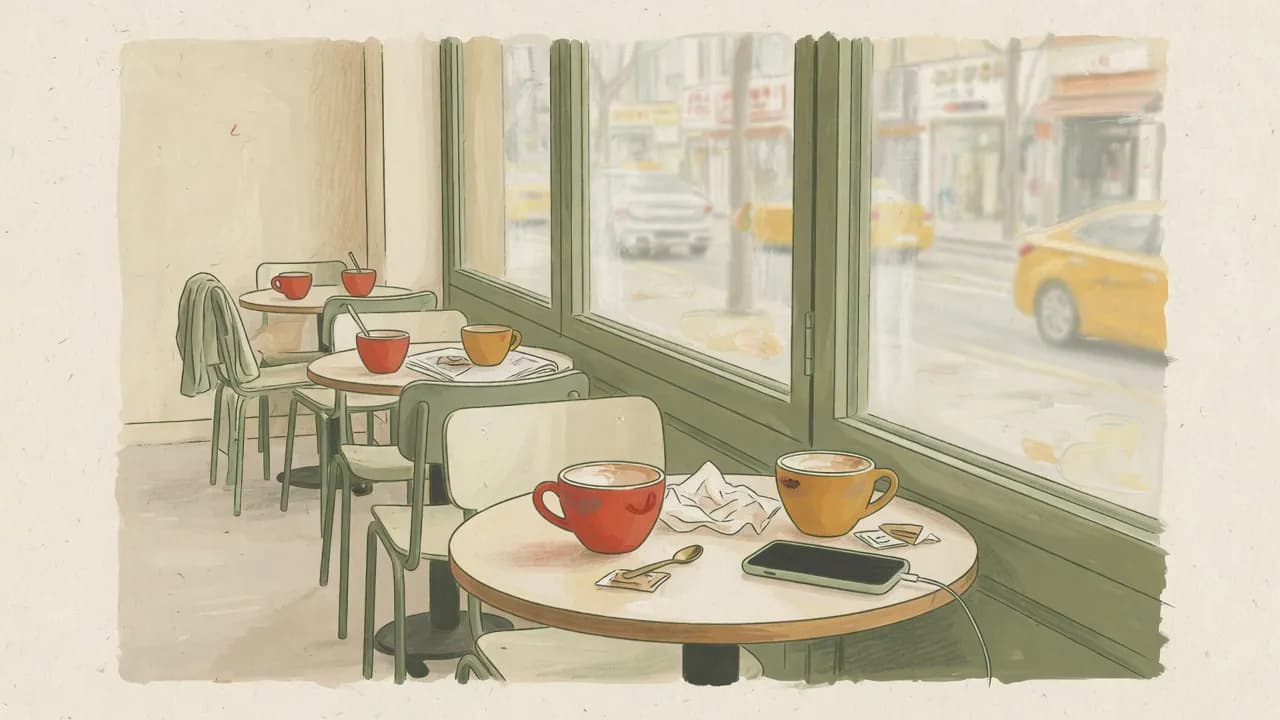 Illustration of a bright cafe window table with two cups and a phone beside them