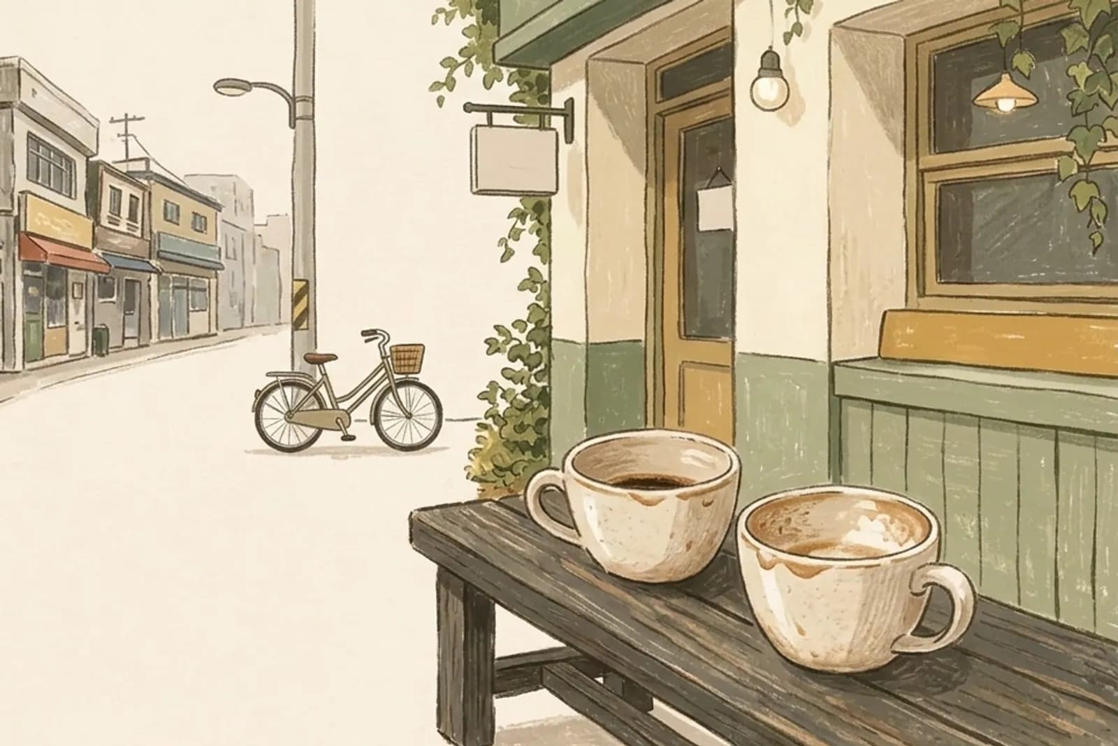 Illustration of two half-finished coffee cups on a bench with a quiet street behind