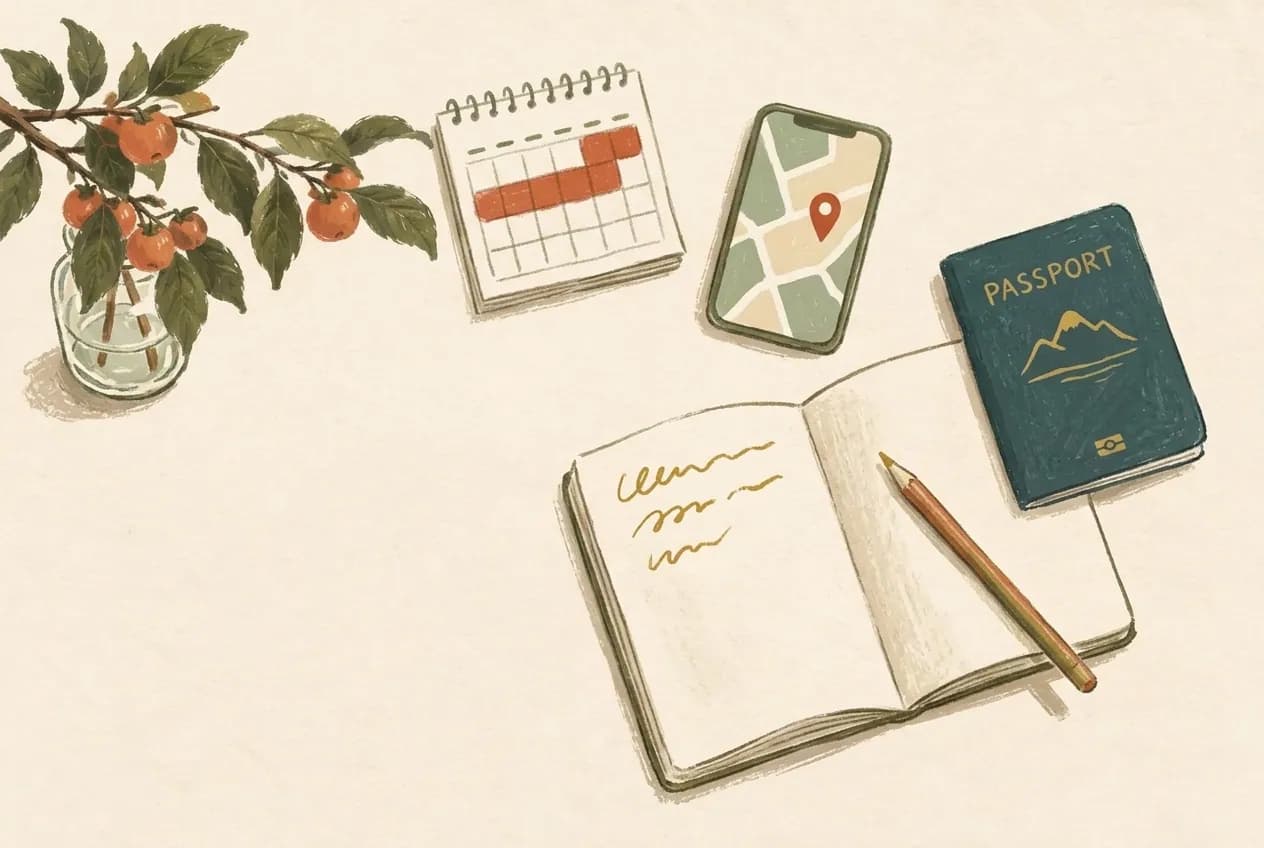 Illustration of a phone showing a map pin beside a passport, a notebook and a small calendar