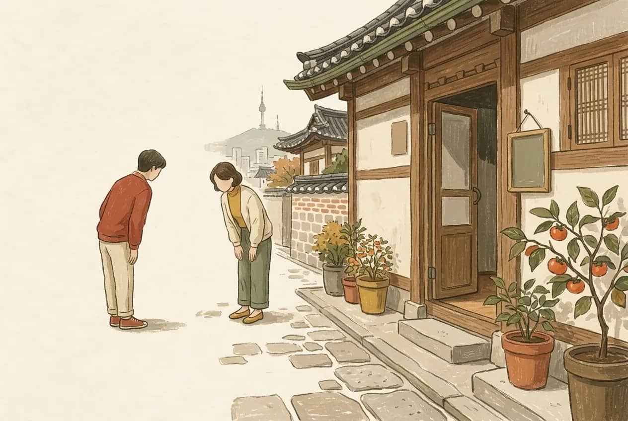 Illustration of two people seen from behind greeting each other with a slight bow outside a cafe