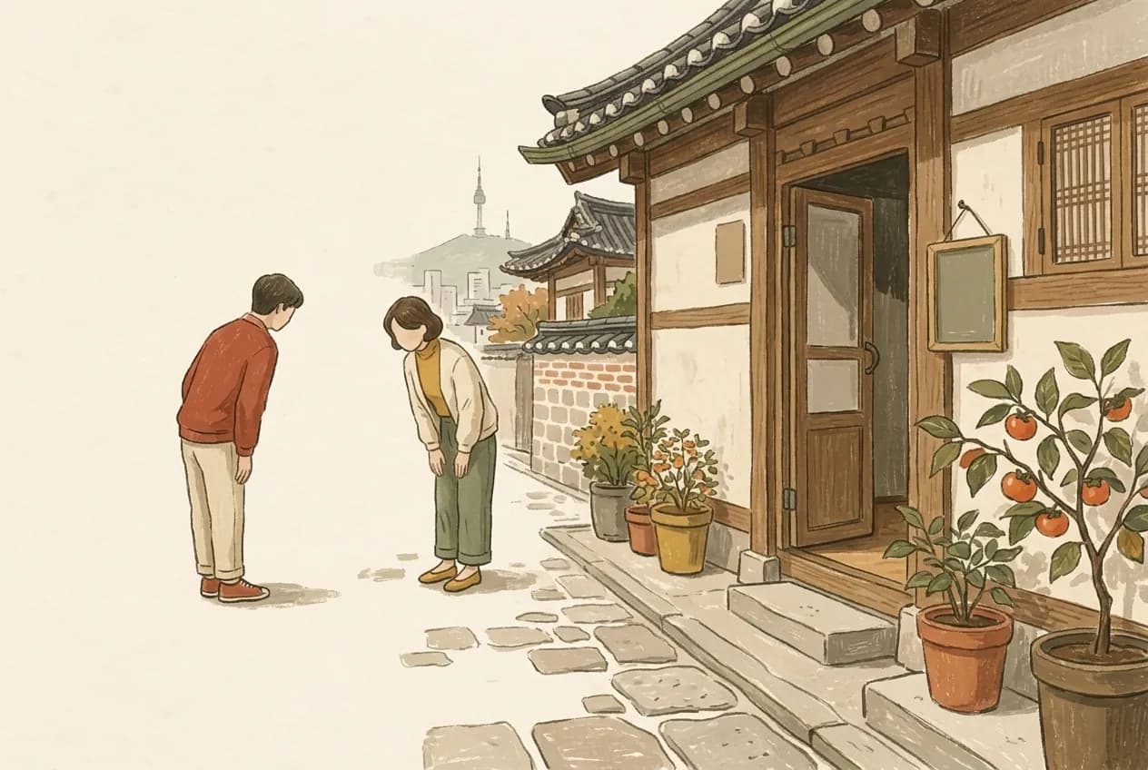Illustration of two people seen from behind greeting each other with a slight bow outside a cafe