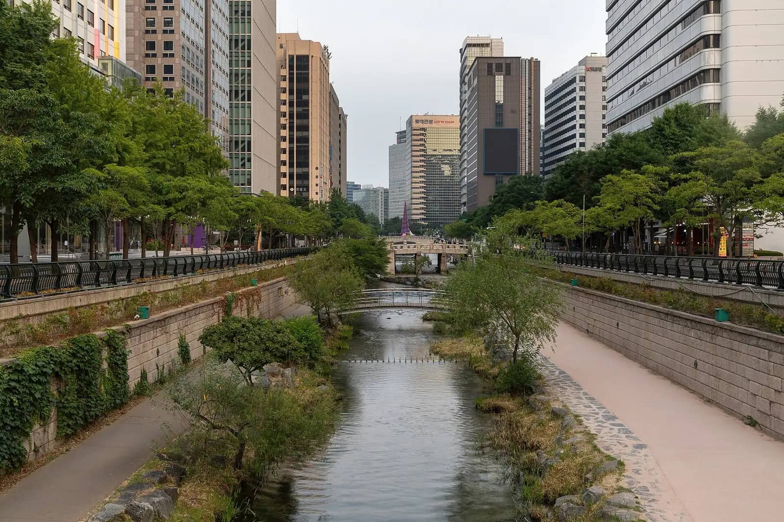 Cheonggyecheon stream with tree-lined walking paths and a footbridge between office towers in central Seoul