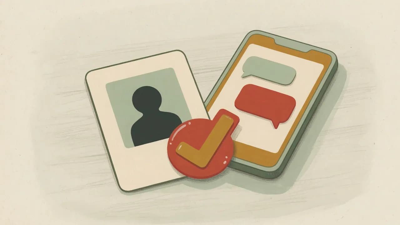 Illustrated identity card with a checkmark next to a phone showing two chat bubbles