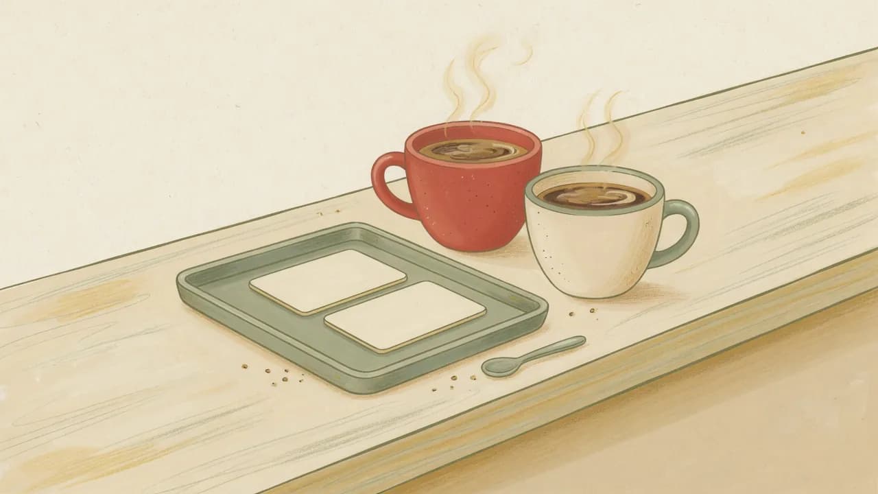 Illustration of two payment cards on a tray beside two coffee cups on a cafe counter
